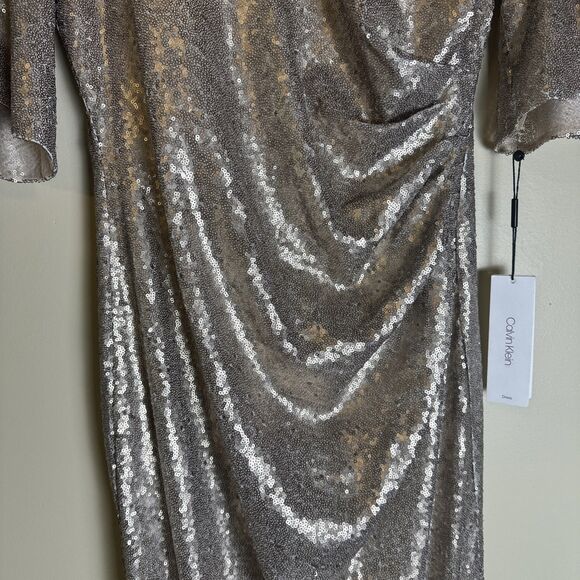 Calvin Klein Gold Sequin Off Shoulder Flutter Sleeve Gown Gathered Waist $298 - Picture 8 of 16